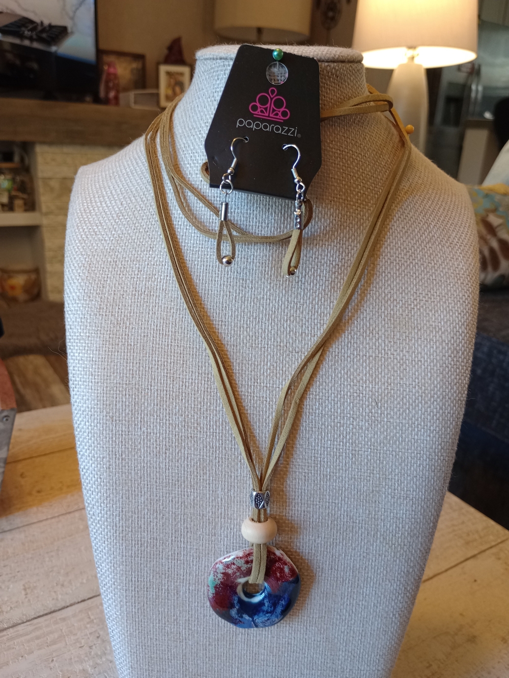 paparazzi Tan Suede Necklace with Red & Blue Ceramic Pendant